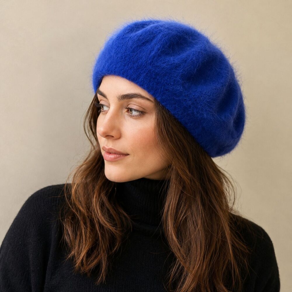 Royal Blue Angora Rabbit Hair Fuzzy Beret Hat Wool Blend